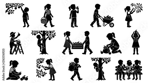 Agriculture  Childhood: Black  White Silhouette Vector Icons of Children Picking Apples  Harvesting Fruit
