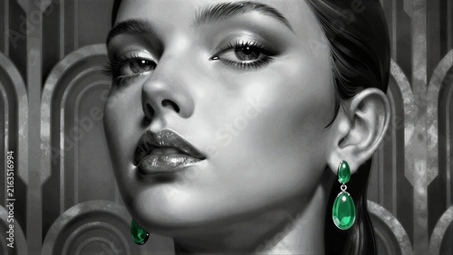 Elegant woman in black and white, adorned with vibrant green emerald earrings.