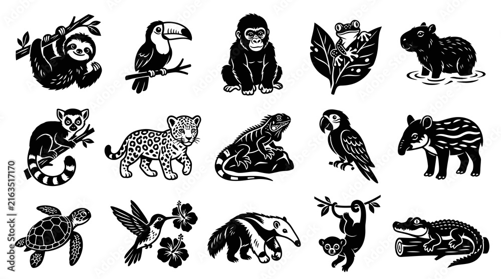 Naklejka premium Tropical Rainforest Animals Glyphs - Black White Stylized Wildlife Illustration Set