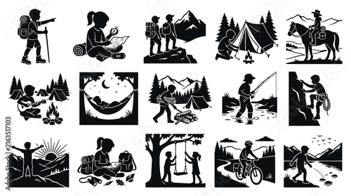 Black  White Icons: Camping, Hiking, Fishing, Biking, Climbing Adventures