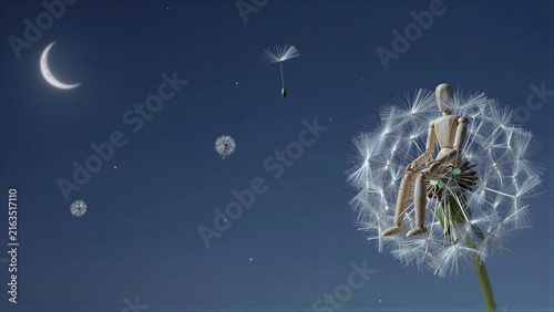 Wooden figure sits on dandelion under moon, seeds drift through starry night.