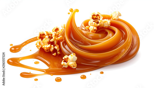 Close-up studio shot of caramel popcorn coated in a rich, swirling, glossy caramel sauce. Isolated on white background