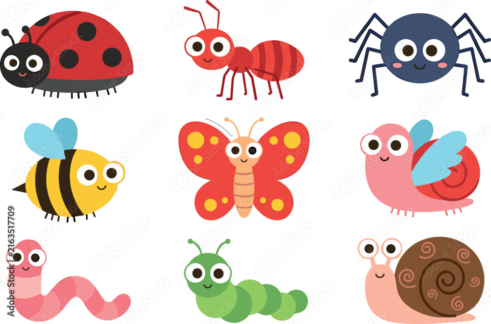 Naklejka premium Cute garden insects vector cartoon icon set with ladybug ant spider bee butterfly snail worm and caterpillar elements
