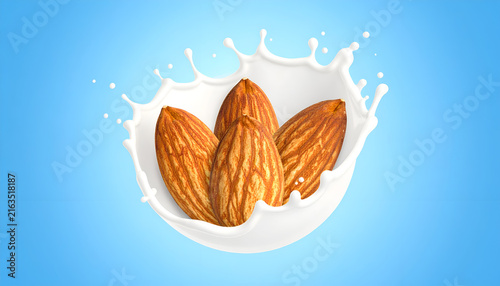 Close-up studio rendering of a milk splash forming a bowl around a cluster of four almonds, set against a gradient blue background