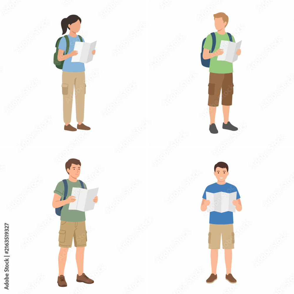 Fototapeta premium Set of flat vector illustrations featuring young travelers and hikers holding paper maps and wearing backpacks for outdoor adventure and navigation