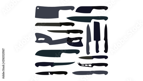 Foto Collection of professional kitchen knives silhouettes including meat cleaver che