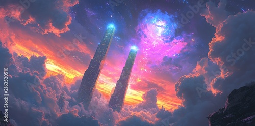 Futuristic Skyscrapers Amidst Colorful Clouds and Cosmic Landscape at Sunset