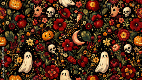 A spooky Halloween floral pattern with pumpkins, ghosts, and skulls.