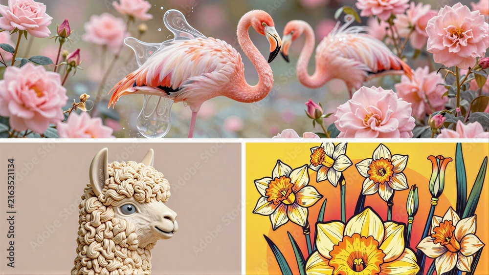 Naklejka premium Pink flamingos dance among roses, alpaca sculpture smiles beside daffodils.