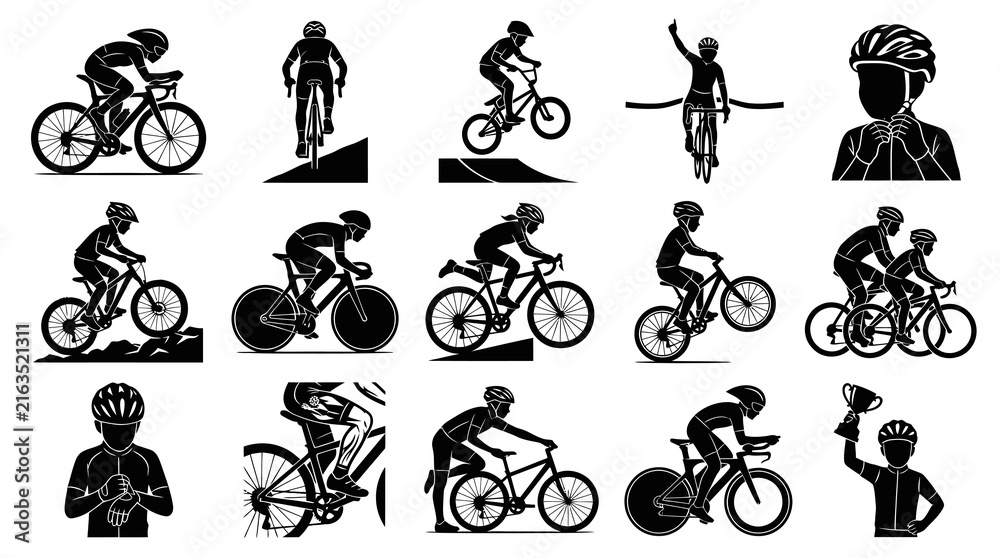 Obraz premium Black and White Silhouette Icons of Cyclists and Bicycles, Sports Vector Art
