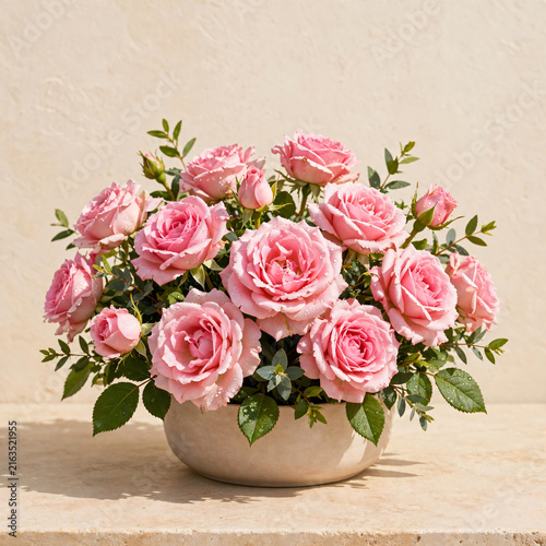 Fresh pink roses floral arrangement in ceramic bowl