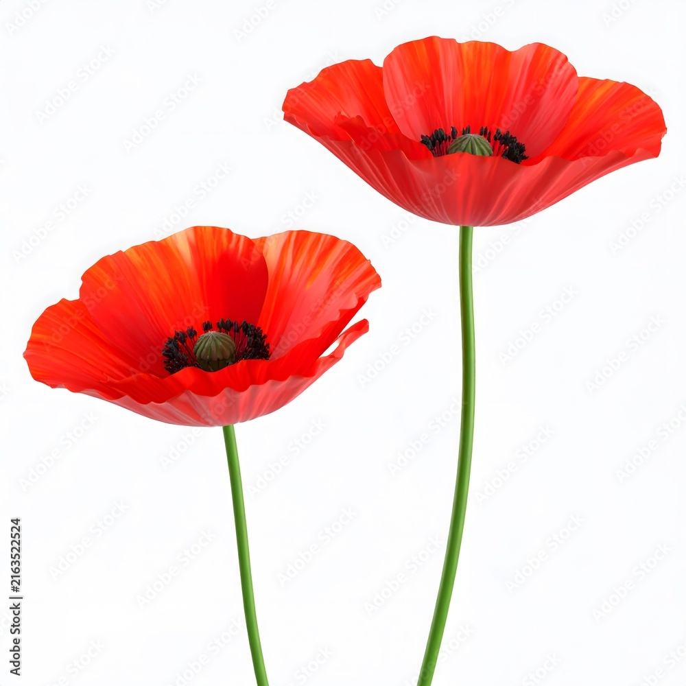 Obraz premium Vibrant Red Poppy Flower with Green Stem Isolated on White Background