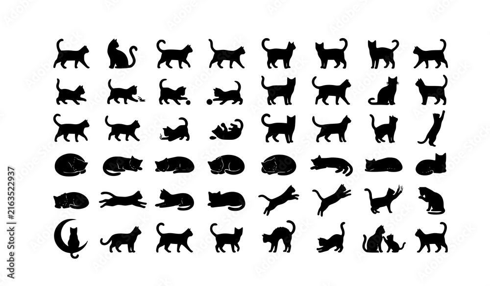 Fototapeta premium Black Cat Silhouette Set with Feline Animal Vector Illustrations on White Background