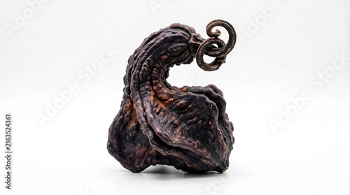 Dark sculptural twisted pumpkin with curled stem, isolated on white background for Halloween decoration, gothic styling, and spooky seasonal concepts.