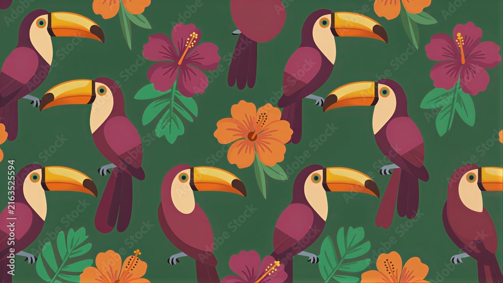Naklejka premium Toucans and tropical flowers in vibrant, repeating pattern on green background.