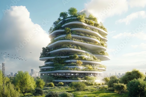 Futuristic Green Building with Vertical Gardens and Modern Design in Urban Landscape