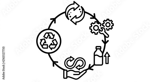 Circular economy concept with recycling symbols and gears.