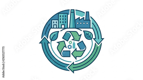 Circular economy concept with recycling symbol and industrial buildings.