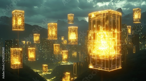 Futuristic Cityscape with Floating Golden Structures Illuminating Urban Skyline at Dusk