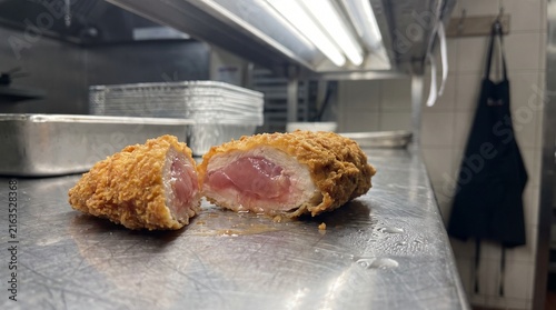 Breaded chicken cutlet sliced in half showing dangerously raw undercooked center