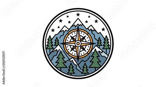 Circular emblem with compass mountains and pine trees.