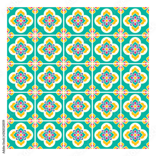 Peranakan Inspired Floral Tile Pattern with Geometric Grid and Colorful Flowers