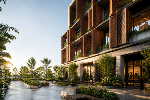 Mixed-use building facade with operable timber screens and planted balconies