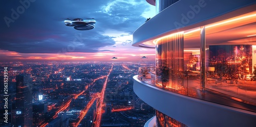 Futuristic Cityscape with Drones Overlooking Urban Skyline at Sunset