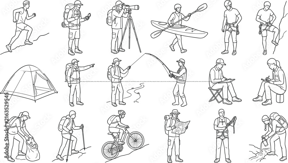 Naklejka premium Outdoor Adventure Activities Line Art Collection with Hiking Camping Fishing Cycling and Kayaking