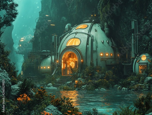 Futuristic Underwater Habitat Surrounded by Lush Greenery and Water
