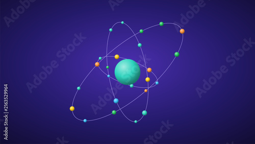 Quadro su tela 3d illustration of an atom with a central nucleus and orbiting electrons on a bl