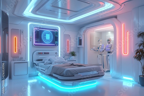 Futuristic Hospital Room with Advanced Robotics and Neon Lighting