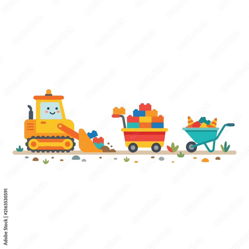 Fototapeta premium A cute yellow bulldozer, a red cart filled with colorful blocks, and a teal wheelbarrow are in a playful construction scene.