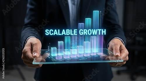 Businessman holding digital tablet with holographic bar chart representing scalable growth concept