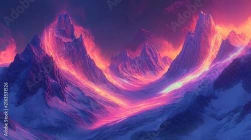Futuristic Mountain Landscape with Fiery Sky and Vibrant Colors