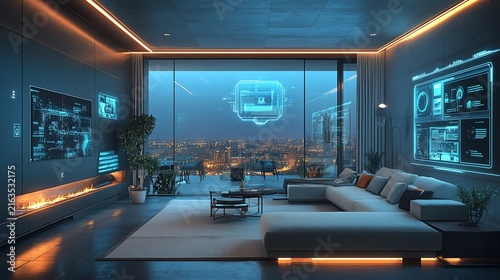 Futuristic Living Room with Digital Screens and Urban View at Night