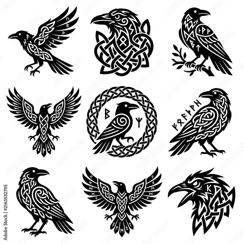 Naklejka premium Collection of Celtic Knot Ravens and Norse Symbols.