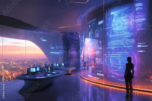 Futuristic Office with High-Tech Displays at Sunset Over Cityscape