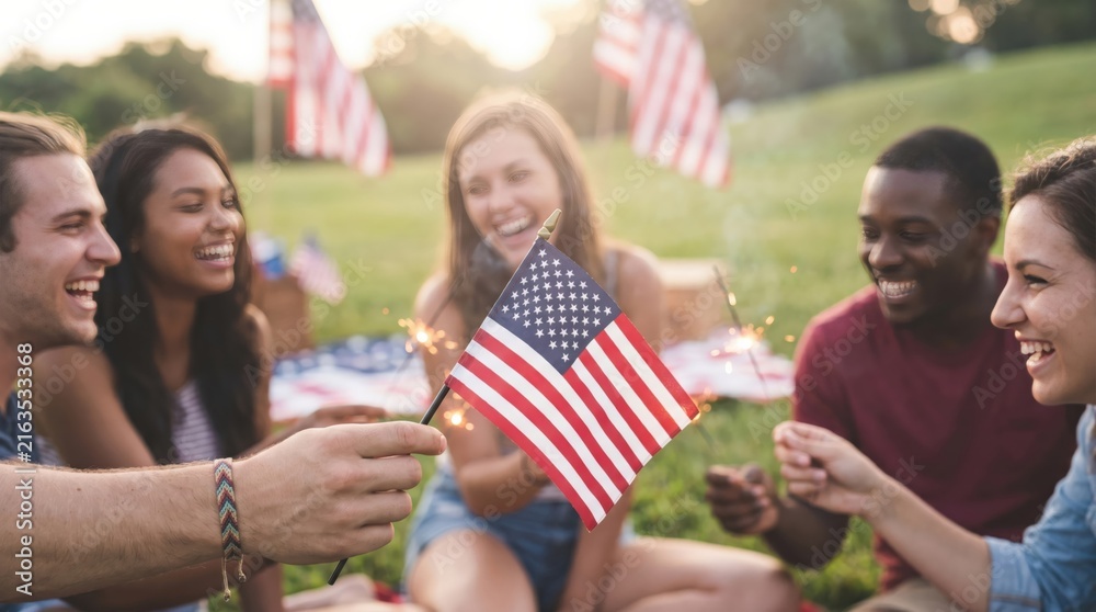 Obraz premium Multiethnic young adult friends celebrating Independence Day outdoors with American flags and sparklers