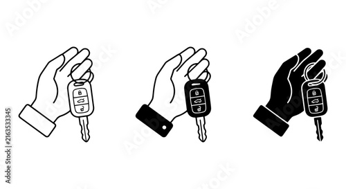Car Key Icons, Hand Holding Key Fob, Vehicle Access Vector Set