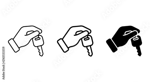 Hand Holding Car Key Icons, Set of Three Vector Illustrations for Automotive and Transportation Concepts