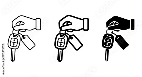 Car Key Hand Icon Set, Automotive Ignition Fob, Vehicle Access Symbol, Transportation Service