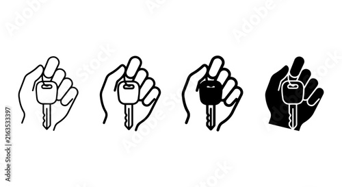 Hand Holding Car Key Icons, Set of 4 Vector Graphics for Automotive and Security Concepts