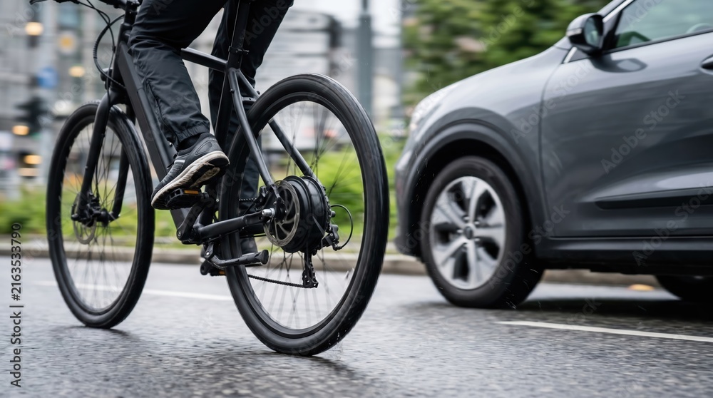 Fototapeta premium Close-up of an electric bicycle commuter riding on a wet city street next to a car