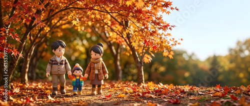 Plakat 紅葉のトンネルを散歩する家族の3Dイラスト 