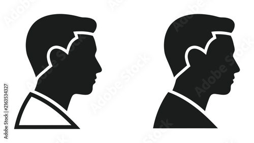 Side profile human head silhouette icon set in outline and solid style isolated on white background