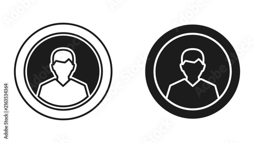 Minimalist avatar icons of man in round frame showing solid and outline style for user profile interface design