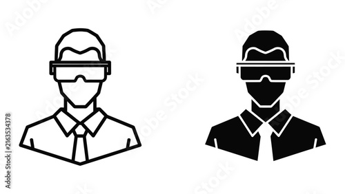 Businessman wearing virtual reality headset icon set in outline and solid style for technology design