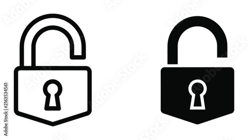 Open and closed padlock icon set designed with minimalist black line and bold solid graphic style