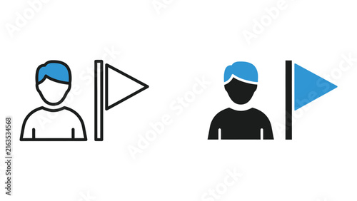 Person with flag icon set featuring linear and glyph styles for navigation and user interface design